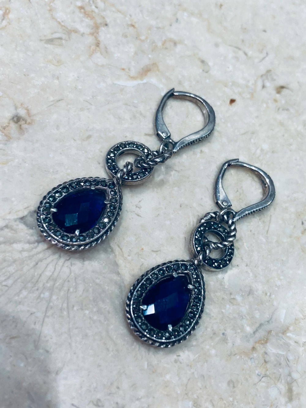 Signed Judith Jack Teardrop Sapphire, Marcasite 925 Leverback Earrings